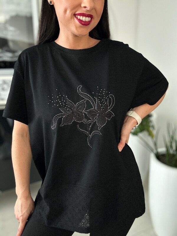 Bluzka z gipiurą i kwiatami N659 czarna