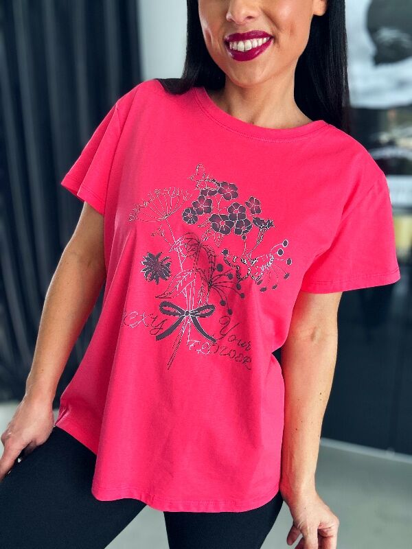 Oversizowa bluzka z kwiatami N673 koralowy