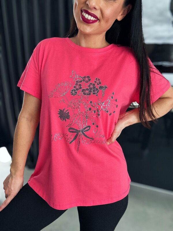 Oversizowa bluzka z kwiatami N673 koralowy