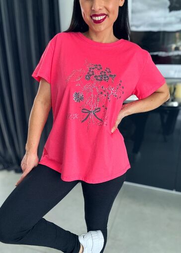 Oversizowa bluzka z kwiatami N673 koralowy