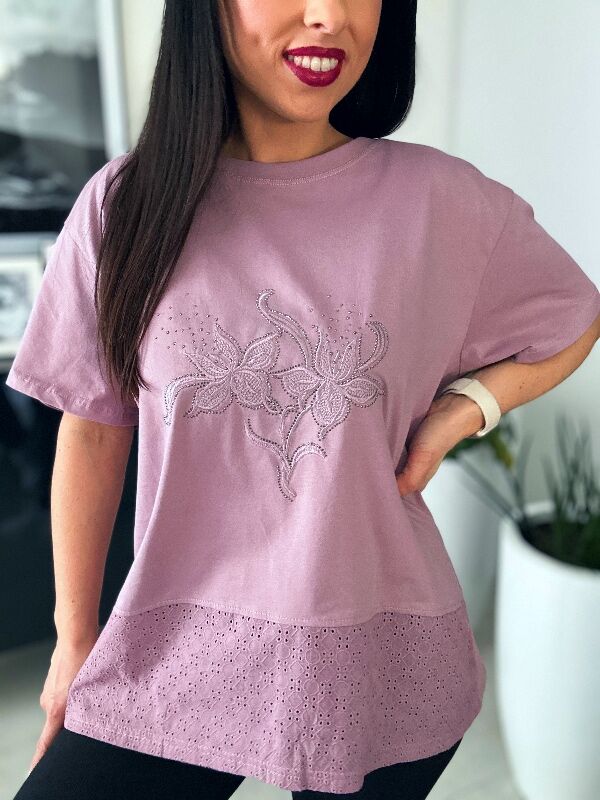 Bluzka z gipiurą i kwiatami N663 brudny różowy