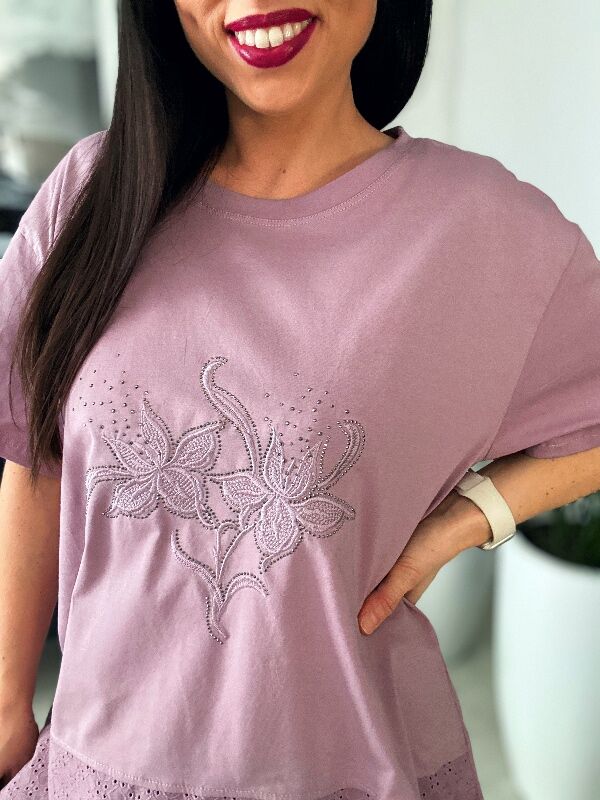 Bluzka z gipiurą i kwiatami N663 brudny różowy