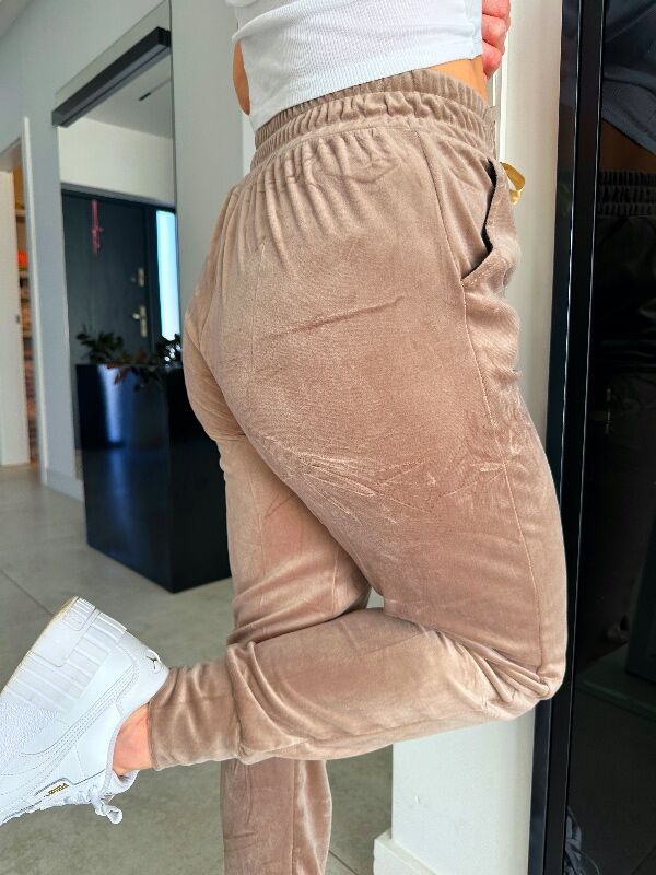 Damskie spodnie welurowe z cekinami N698 beżowy